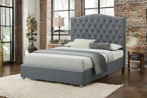 Sareer Furniture Felix Bed Frame, Contemporary Grey Upholstered Velvet Bed With Headboard, Wood Slat Support, 5ft Kingsize (King (U.K. Standard))