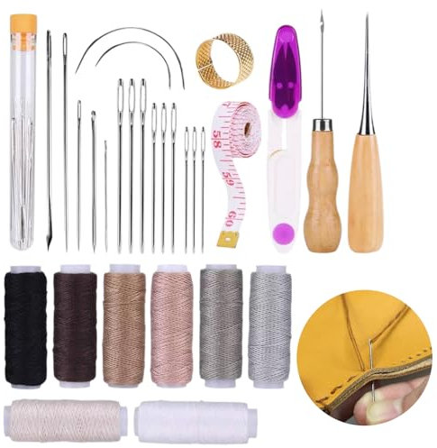 30PCS Leather Sewing Kit, Leather Repair Kit Leather Craft Hand Tools Leather Working Tools with Leather Sewing Needles Cotton Thread Thimble Awl Tape Measure Scissors for Leather Repair DIY Crafting