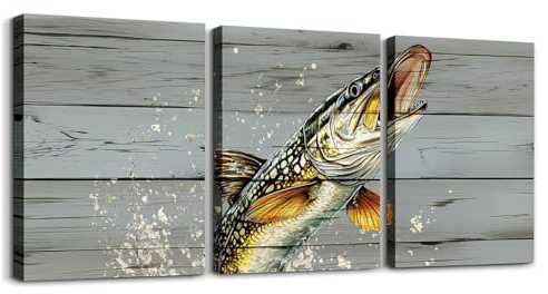 Loussiesd Big Hecht Fisch Wandbilder Set für Wohnzimmer Schlafzimmer Bass Big Fish Badezimmer Deko Bilder Fischen und Jagen Poster & Kunstdrucke hölzerner Fischer Fisch Mann