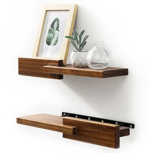 GRID FORTE Wood Floating Shelf Set of 2, 4.5D x 15W Inch Modern Reversible Wall Shelves, Minimalism Wall Mount Hardwood Shelves, Wall Decor for Bedroom Living Room Kitchen (Walnut)