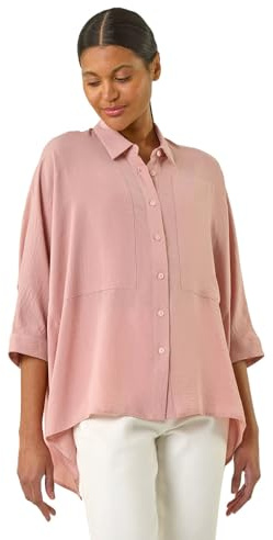 Roman Relaxed Smart Stretch Shirt for Women UK - Ladies Spring Everyday Summer Break 3/4 Length Sleeve Soft Classic Collar Comfy Lightweight Blouse Vacation Tops - Plain Light Pink - Size 18