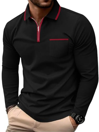 PrinStory Poloshirt Herren Langarm Quarter Zip Poloshirt Baumwolle Polo Shirt Polo Kragen Tshirt