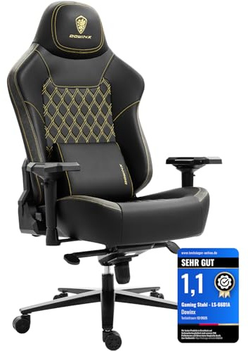 Dowinx Gaming Stuhl 200kg Belastbarkeit Chefsessel, Ergonomischer Bürostuhl mit 4D Armlehnen und Lendenwirbelstütze, Höhenverstellbarer Gaming Chair für Gamer und Esport Schwarz