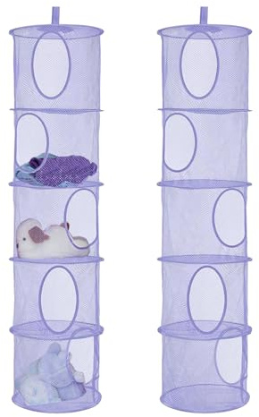 Hängeaufbewahrung, 2 Stück Faltbare Hängeaufbewahrung Organizer, 5 Fächer Hängeregal Mesh Hängende Netz-Aufbewahrungstasche, Kuscheltier Aufbewahrung Hängend Korb für Kinderzimmer Balkon(Lila)