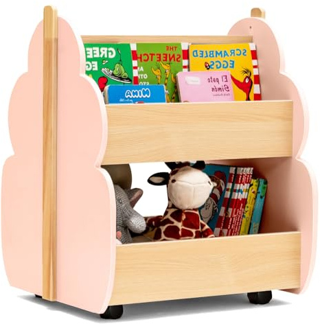 COSTWAY Kinder Bücherregal auf Rollen, 2 Ebenen Spielzeugregal aus Holz, 52 x 46 x 62,5 cm (Rosa)