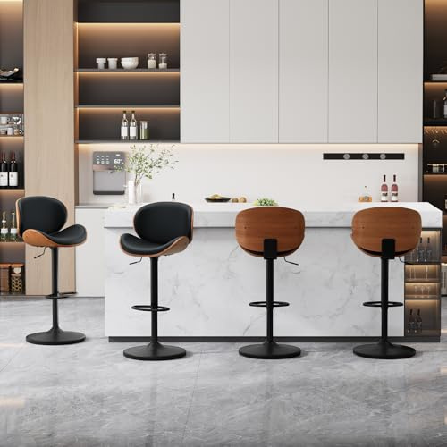 Ckaff Tabouret de Bar Lot de 4, Tabouret de Cuisine Pivotants 360° en Similicuir & Bois, Chaise de Bar Réglable en Hauteur avec Repose-Pieds et Dossier pour Cuisine, Salle à Manger, Bar, Noir