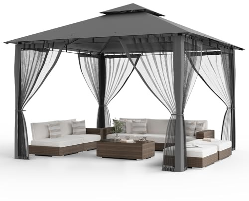 Amopatio Cenador de Jardín, 3.4x3.4m, Doble Techo Impermeable con Mosquitera Incluida - Pergola Exterior de Metal para Fiestas, cenador de Metal para Piscina, Gris