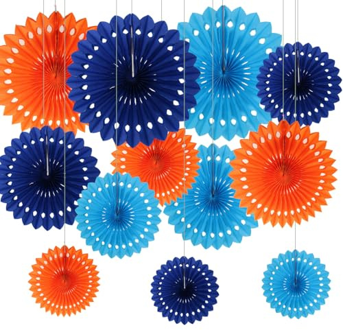 CC wonderland zone 12PCS Blue and Orange Paper Fans Party Decorations,Hanging Ceiling Honeycomb Round Tissue Paper Fans for Birthday Wedding Party Decorations