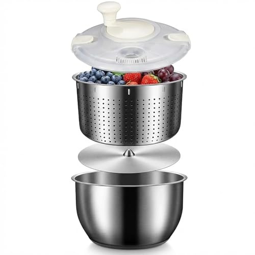 Centrifuga per insalata con cestello interno in acciaio inox, centrifuga professionale per la preparazione dei pasti, in acciaio 304 resistente, lavabile in lavastoviglie