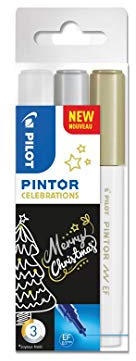 PILOT - Pochette de 3 Pintor - Marqueurs Peinture Multi-Supports à Base d’Eau, Séchage Rapide - Textile, Verre, Bois, Pierre, DIY - Or, Argent, Blanc - Pointe Extra Fine