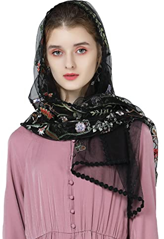 BEAUTELICATE Mantilla Spitze Schleier Katholisch Schal Stola Kopftuch für Damen Kirche Gottesdienst Messe Kapelle Braut V118 (Blätter Blütenmuster - Schwarz, 140cm*60cm)