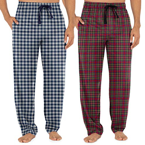 Fruit of the Loom Herren Gewebte Schlaf Breitstoff Pyjamahose, Blaues Karomuster/Rot, X-Large