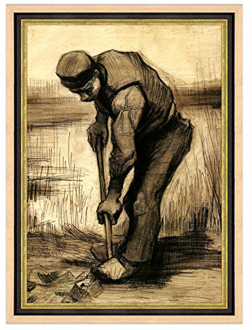 Poster und Druck mit klassischem Rahmen – Van Gogh – Spaten Bauer – Holzkohle – 70 x 100 cm – Modernes, dickes Naturholz, Schwarz und Gold mit grünem Blatt