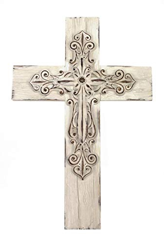 Comfy Hour Weißes Holz, handgefertigt, geschichtetes Kreuz, 33 cm, antiker Stil, Kunst-Wanddekoration, Harz, Glaube und Hoffnung Kollektion