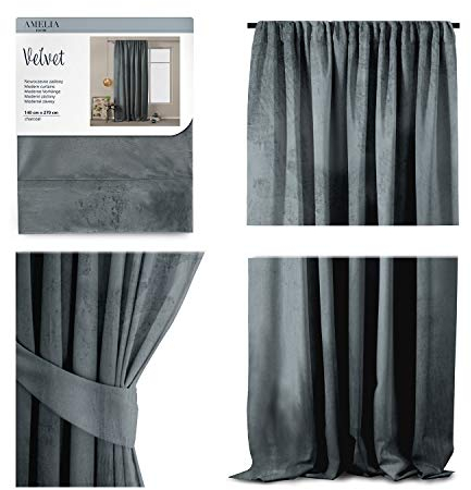 AmeliaHome Vorhang Velvet Optik 140x270 cm anthrazit 1 St. Kräuselband Samt Verdunkelungsvorhang Fensterdekoration Leicht Schimmernd Dekoschal Dekorvorhang, 69957, Kräuselband 140x270 cm