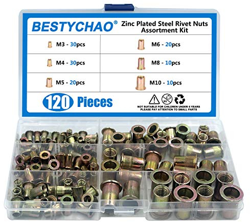 BESTYCHAO Nietmutter Sortiment, 120 Stück M3 M4 M5 M6 M8 M10 Verzinkter Stahl Flachkopf Gewinde Rivet Nutsert Cap Sortiment Kit