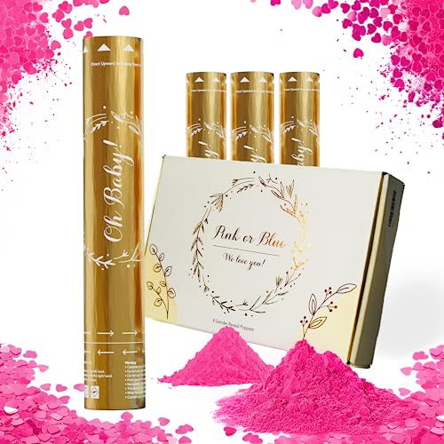 Team Planet Kit de Cañón de Confeti para Revelacion Genero Bebe - Juego de 4 con Confeti y humo revelación de género bebe Biodegradables para Fiesta de Baby Shower - 4 x Rosa