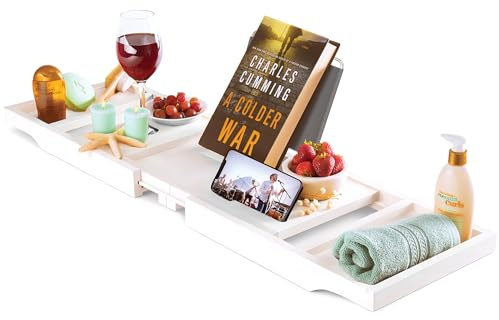 Wooden Bathtub Tray - Foldable & Expandable Bamboo Bath Tray for Tub with Wine Holder, Book & Tablet Stand - Bath Caddy Tray for Bathtub, Spa Bath Accessories, Tub Tray Table, Gifts for Her (White)