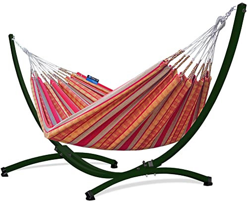 Potenza Outdoor Hängematte mit Gestell für 2 Personen I Pereira - 100% Baumwolle Doppelhängematte 220x140 cm, 160kg I Hängemattengestell 220kg, wetterfest (Mandarin, Gestell Grün)
