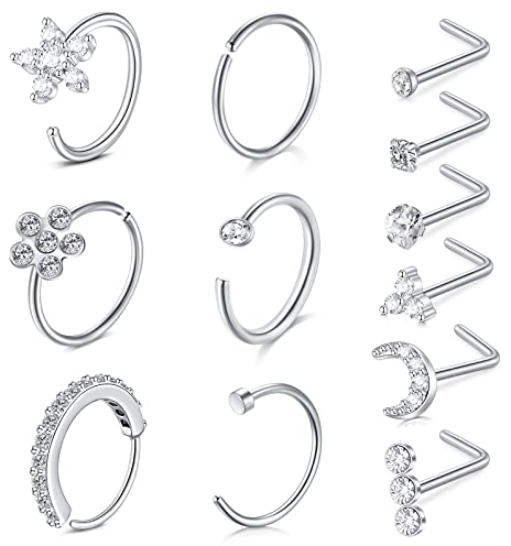 Zolure Nasenstecker L-förmig Nasenring Piercing Chirurgenstahl Damen Herren Nasenpiercing Nasenschmuck Nase Stud Piercing 12 Stück - Silber