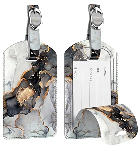 [2 Stück] Fintie Kofferanhänger aus Kunstleder, Gepäckanhänger ID Etikett mit Adressschild Namenschild für Reisetasche Koffer, Trüber Marmor
