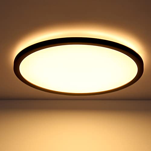 INNOVATE LED Deckenleuchte Dimmbar mit Hintergrundbeleuchtung | IP44 3-Dimmstufen Deckenlampe Flach | Panel für Badezimmer, Wohnzimmer, Schlafzimmer, Balkon, Küche | LED Lampe Schwarz, 24W Ø42cm