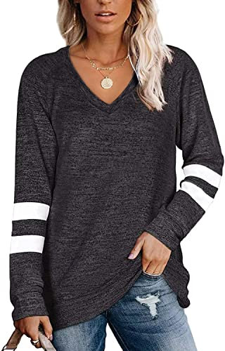 Famulily Striped Jumper Women Loose Fitting T Shirt Tops Ladies Plain Long Sleeve T-Shirts Dark Gray XL