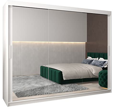 ABIKSMEBLE Tokyo 3 250 Armario de Dormitorios con Tres Puertas Correderas - Armario de Almacenamiento Moderno con Espejo, Perchero y Estantes - 250x200x62 cm - Blanco Mate