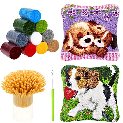 HonGien Tier Knüpfkissen Set, Latch Hook Kissen Kit, 2 Stück Latch Hook Rug für Anfänger Erwachsene oder Kinder, Kreatives Geschenk (Welpe)