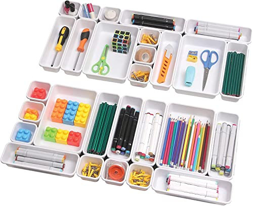 SENENQU 24 Stück Schubladen Ordnungssystem Büro, Kunststoff Schreibtisch Organizer Schubladen, Schublade Organizer Büro für Küche, Badezimmer, Büro Zubehör, Schminktisch, Schlafzimmer - Weiß