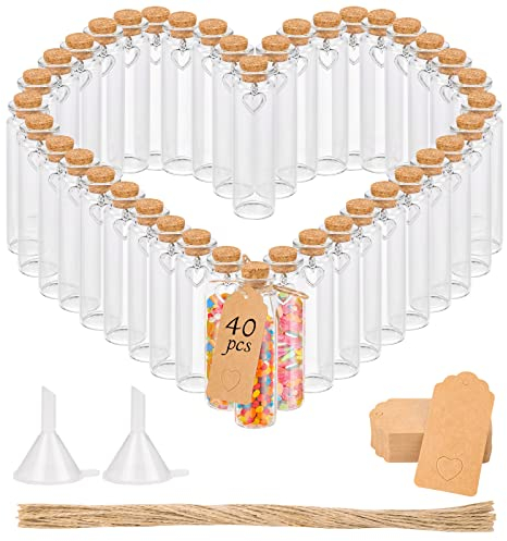 YOCOLE 40er Glas Reagenzglas mit Korken, 20ml Mini Glasflaschen Fläschchen, Kleine Reagenzgläser mit Anhänger in Herzform Etiketten Trichter Hanfseil, Gastgeschenk Hochzeit Party Deko