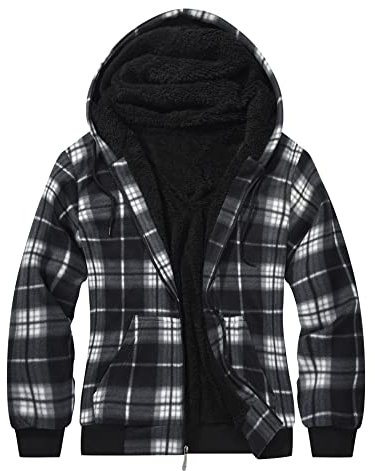 geeksport Fleecejacke Herren Sweatjacke Männer mit Kapuze Warme Kapuzenjacke Gefüttert Winterjacke Kariertes Hoodie mit ReißVerschluss, 0569-Schwarz L