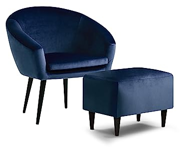 Traumnacht Relaxsessel, Cocktailsessel Theo, bequemer Polstersessel mit Armlehnen, produziert nach deutschem Qualitätsstandard, blau (Samt) + passender Fußhocker blau (Samt)