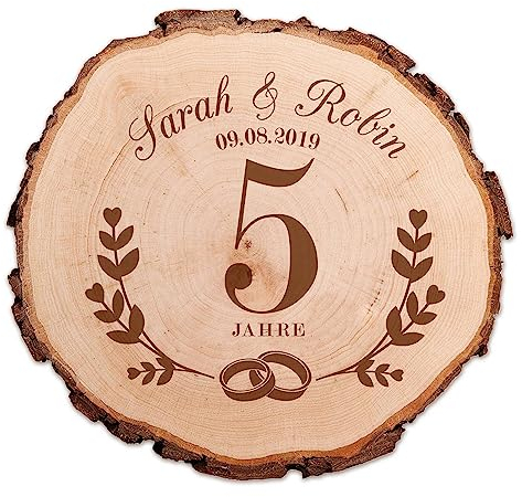 Baumscheibe mit Gravur, Deko Holzscheibe zur hölzernen Hochzeit, Personalisierte Holzplatte, Geschenk zum 5 Hochzeitstag, Holzhochzeit Geschenke, Natur Holz Untersetzer