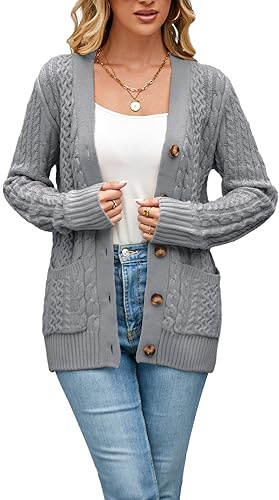 Womens Cardigan Sweaters Cable Knit Sweater 2025 Fall Winter Chunky Open Front Button Down Coats with Pockets, Grey, UK 12