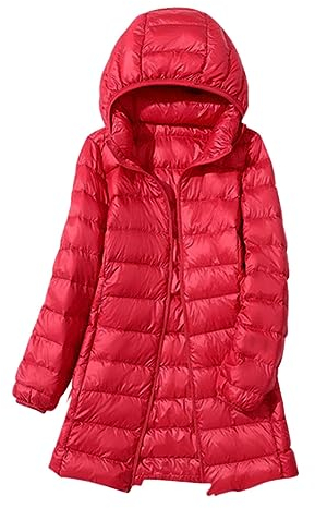 ORANDESIGNE Piumino Leggero Donna con Cappuccio Puffer Jacket Leggeri Giacca Cappotto Lungo Giubbino Down Jacket Piumino Leggero Caldo Giacche Trapuntato Slim Piumini Invernale A Rosso L