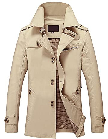 UnoSheng Manteau court pour homme - Automne - Trench pour homme - Beige - Coupe ajustée - Manteau court - Manches longues - Revers - Décontracté - Coupe-vent - Veste mi-saison - Automne - Hiver -