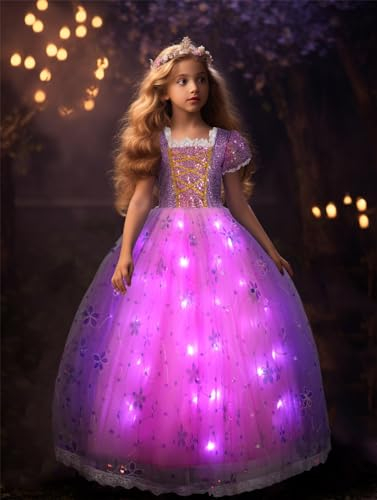 UPORPOR LED Leuchtendes Prinzessin Kleid Mädchen, Halloween Prinzessin Kostüm Kinder für Karneval Party Cosplay Verkleidung Weihnachten Fest Geburtstag, Lila