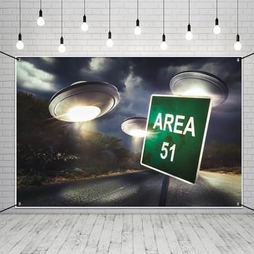 MIRRORANG Bannière en polyester de 1,8 x 1,1 m avec soucoupe volante sur le thème des extraterrestres OVNI Décorations de fête d'anniversaire Bannière de toile de fond Alien Décoration de chambre de