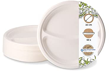 GREENBOX 50x Zuckerrohr-Menü-Teller mit 2 Kammern I Bagasse-Schalen mit Unterteilung fettdicht & wasserresistent I Take-Away-Geschirr kompostierbar I Menüschalen 2 geteilt Ø 22 cm Vorteilspack