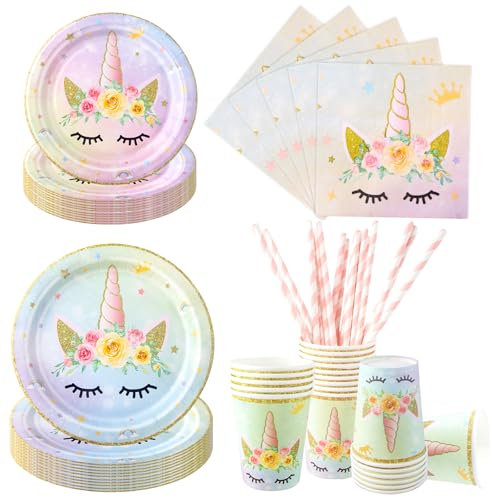 Aitsite Lot de 100 assiettes de fête licorne pour 20 invités - Vaisselle d'anniversaire licorne - Décoration de fête d'anniversaire pour enfant - Assiettes, gobelets, serviettes (coloré)