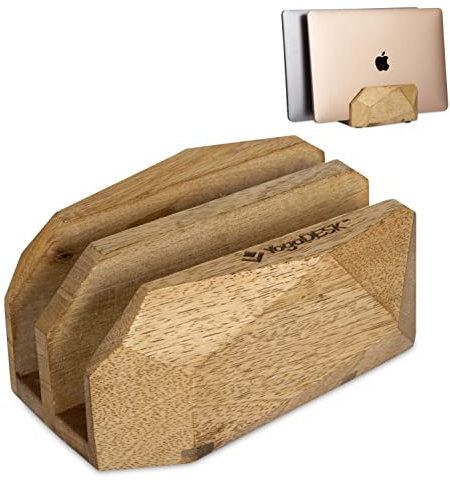 DnU Avenue Vertical Laptop Stand for Desk, Laptop Holder to Dock MacBook, MacBook Pro and Other Laptops, Versatile Vertical Laptop Docking Solutions (Indian Mango Wood)