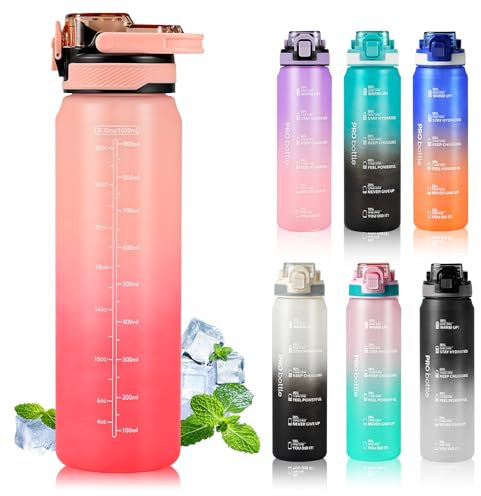 SEASEVEN Sports Water Bottle 1L,Plastic Drinks Bottle,1 Litre Water Bottles with Time Markings,Waterbottle Leak-Proof & Bpa-Free for Gym,Office, Outdoor(No Straw) (1-Pink)