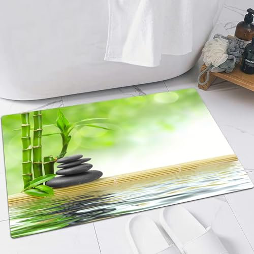 EMFSLA rutschfest Badezimmer Badeteppiche,Weich Hochflor Saugfähig Badvorleger Waschbar Flauschige Mikrofaser Badematte,Spa-Konzept Zen-Basaltsteine,40x60 cm