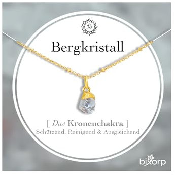 Bixorp Bergkristall Chakra-Halskette aus rohen Edelsteinen mit 18 Karat Goldplattierung - Edelstahl - 36cm + 8cm verstellbar