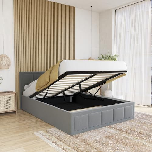 Vida Designs Vanita Ottoman Bed Frame Storage Lift Upholstered Fabric Bedroom Furniture, No Mattress (Light Grey, Double 4Ft6 - No Mattress) (UKFR Certified)