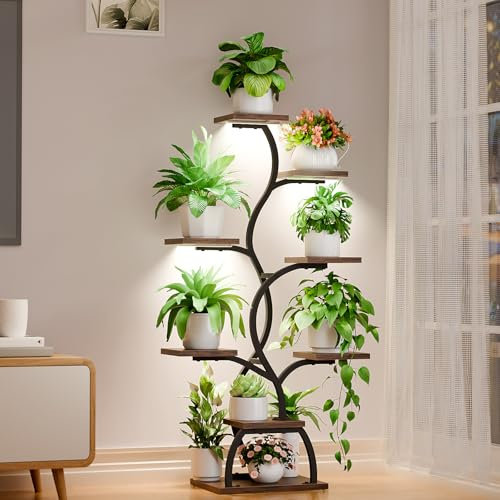 EVAWOO Innenpflanzenständer mit Grow Light, 8 Etagen, Eckpflanzenständer, Hoch, Braun, Stahl, Spanplatten, Wachstumsleuchten, Reben Design, Platzsparend