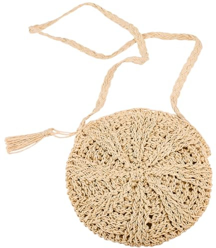 Beebeecraft 1 Sac Rond en Paille Bohème Sac à Main de Plage en Paille avec Pompon pour Voyage et Vacances (PapayaWhip)