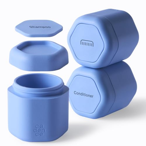 Cadence Reisebehälter Haarpflege-Kapsel-Set – magnetische Behälter mit Deckel, Reiseutensilien für Damen/Herren – 3 Flex-Medien (37,4 g) – Shampoo, Conditioner & Kamm-Symbol-Etiketten – Pacific