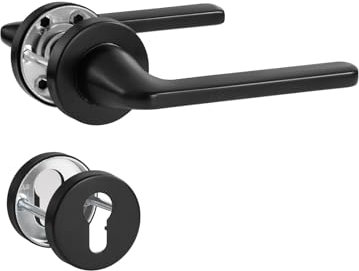 SORWDUERM Poignée de Porte Noire, Garniture de Prothèse en Acier Inoxydable Brossé Mat, Poignée pour Porte d'Entrée et Porte Intérieure, Forme en L, Rosace Ronde, PZ - Cylindre de Profil